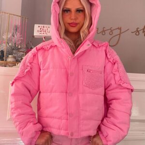 Custom Pink Puff Jacket with Ruffle & Sherpa Detail