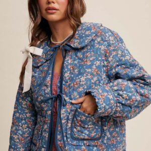 Floral Quilted Jacket with Cotton String Bow