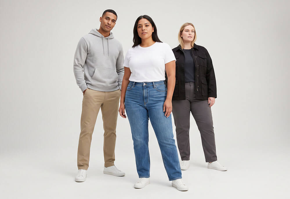 Diverse men and women models in full-category basics posed in a staggered triangle, showing inclusivity and everyday essentials at Wingtu Apparel