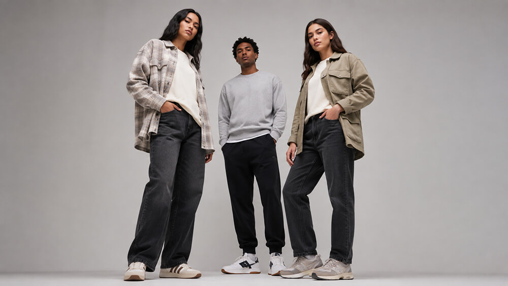 Three models wearing different pieces from the early fall essentials, posed together to show a complete autumn capsule wardrobe