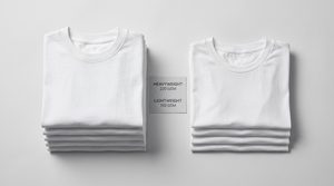 Two white tees stacked in comparison, heavy fabric on the left and light fabric on the right, showing the thickness difference for fabric weight.