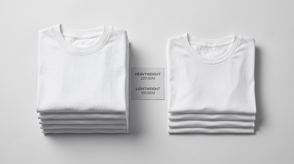 Two white tees stacked in comparison, heavy fabric on the left and light fabric on the right, showing the thickness difference for fabric weight.