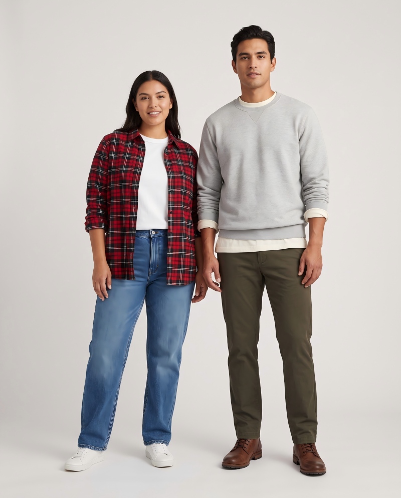 Models demonstrating two transition layers — a flannel open over a tee and a crewneck over a tee