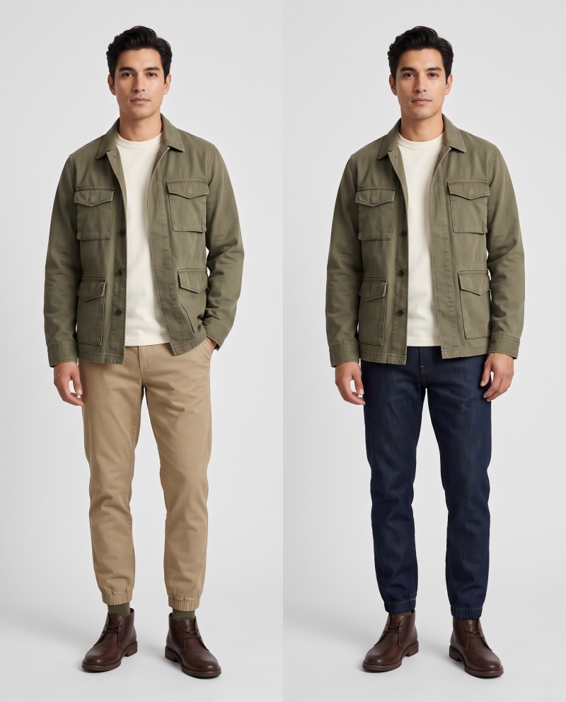 Male model wearing khaki tapered joggers and dark denim, showing fall bottom color transition options
