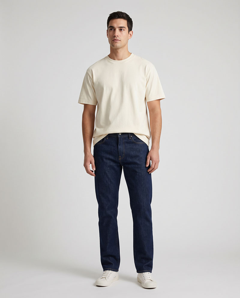 Male model wearing a heavyweight cotton tee in a full-body studio shot, highlighting the substantial fit and high-count cotton fabric