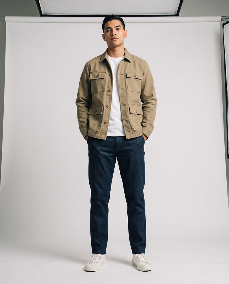 Male model wearing a khaki canvas utility jacket in a full-body studio shot, highlighting four-pocket design and durable fabric
