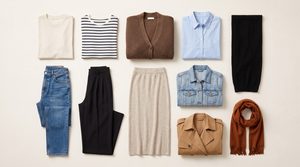 Flat-lay of a women's fall capsule wardrobe with ten pieces — tops, bottoms, outerwear, and a scarf — in warm earth tones