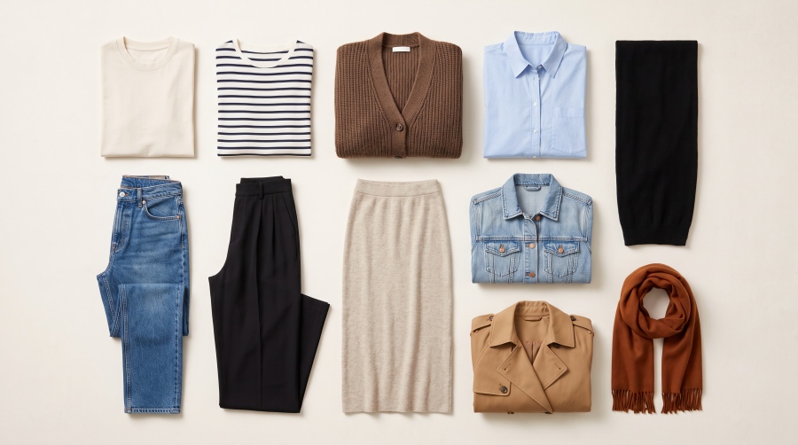 Flat-lay of a women's fall capsule wardrobe with ten pieces — tops, bottoms, outerwear, and a scarf — in warm earth tones