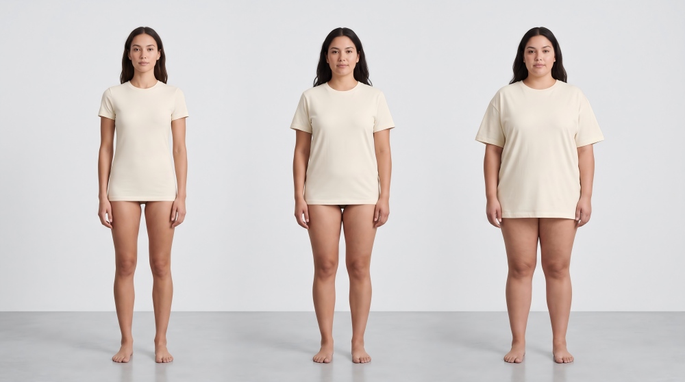 Three female models wearing slim, regular, and relaxed fit tees side by side, showing fit differences for size selection