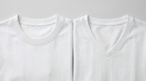 Flat lay comparison of a white crew-neck and a white V-neck tee, showing the two collar shapes side by side