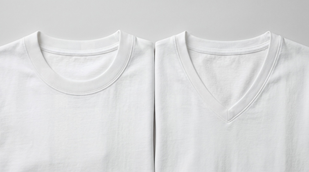 Flat lay comparison of a white crew-neck and a white V-neck tee, showing the two collar shapes side by side