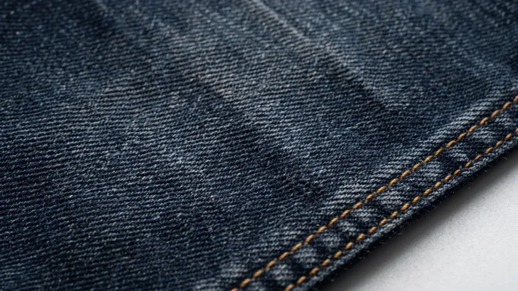 Close-up macro of denim fabric showing the twill weave and wash fade details