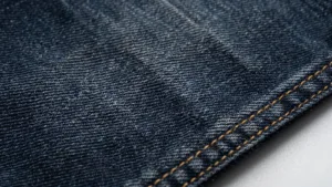 Close-up macro of denim fabric showing the twill weave and wash fade details