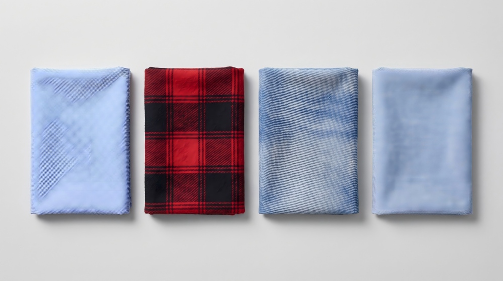 Flat lay of four shirt fabrics — oxford, flannel, denim and chambray — showing their different weaves and textures.