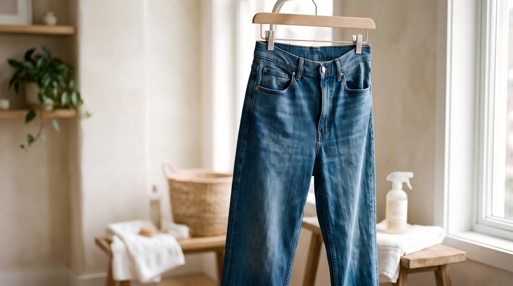 Scene shot of jeans hanging to air dry in a ventilated spot, showing the proper drying method