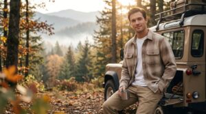 A man wearing a beige flannel shacket and white tee leans against a vintage off-road vehicle in an autumn forest, holding a camping mug with mountains and golden sunlight in the background.