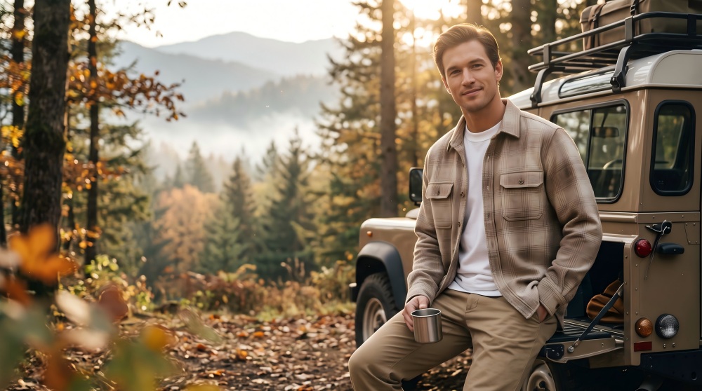A man wearing a beige flannel shacket and white tee leans against a vintage off-road vehicle in an autumn forest, holding a camping mug with mountains and golden sunlight in the background.