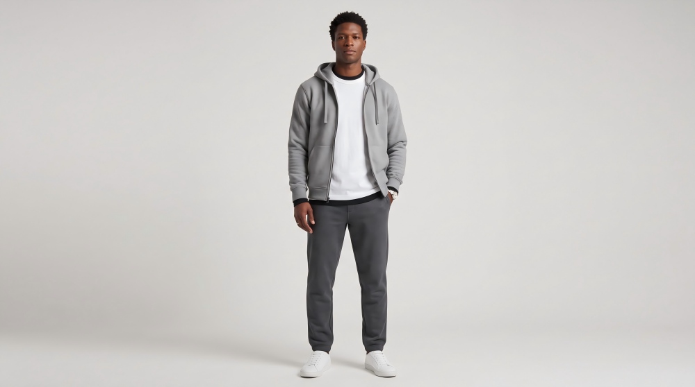 Male model showing a three-layer athleisure outfit with base layer, heavyweight tee, and fleece hoodie, paired with joggers and white sneakers