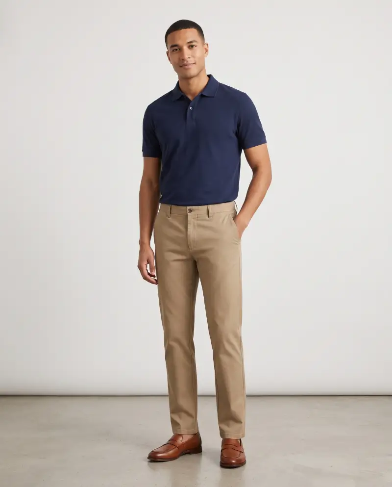 Full-body shot of a male model wearing chinos with a polo shirt and loafers, smart-casual commute look