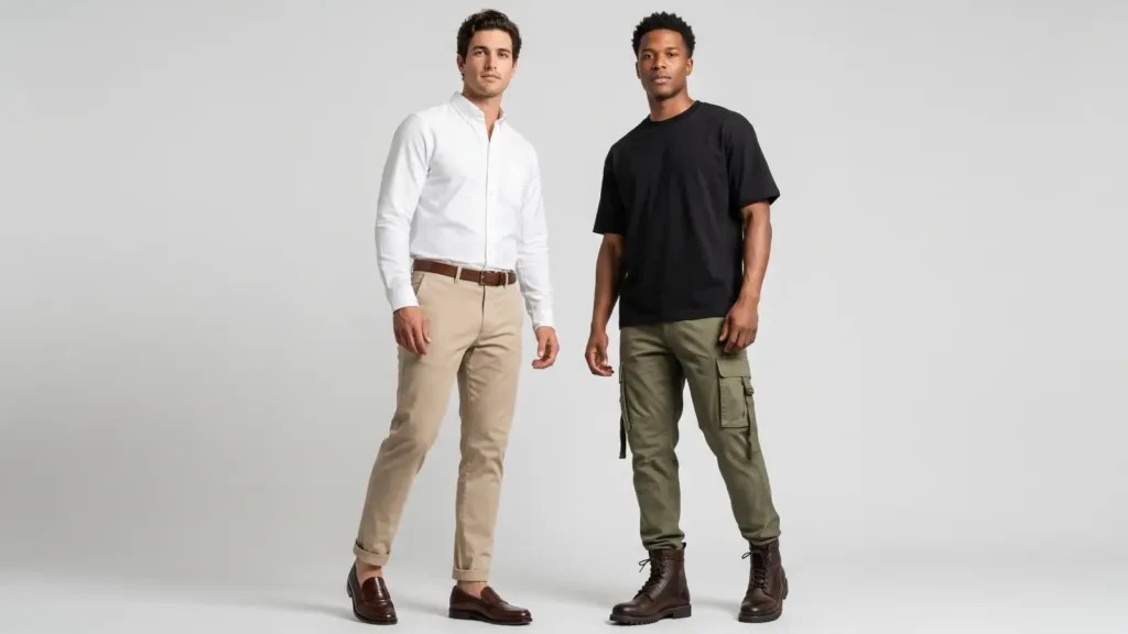 Two male models wearing chinos and cargo pants side by side, comparing the two pant styles