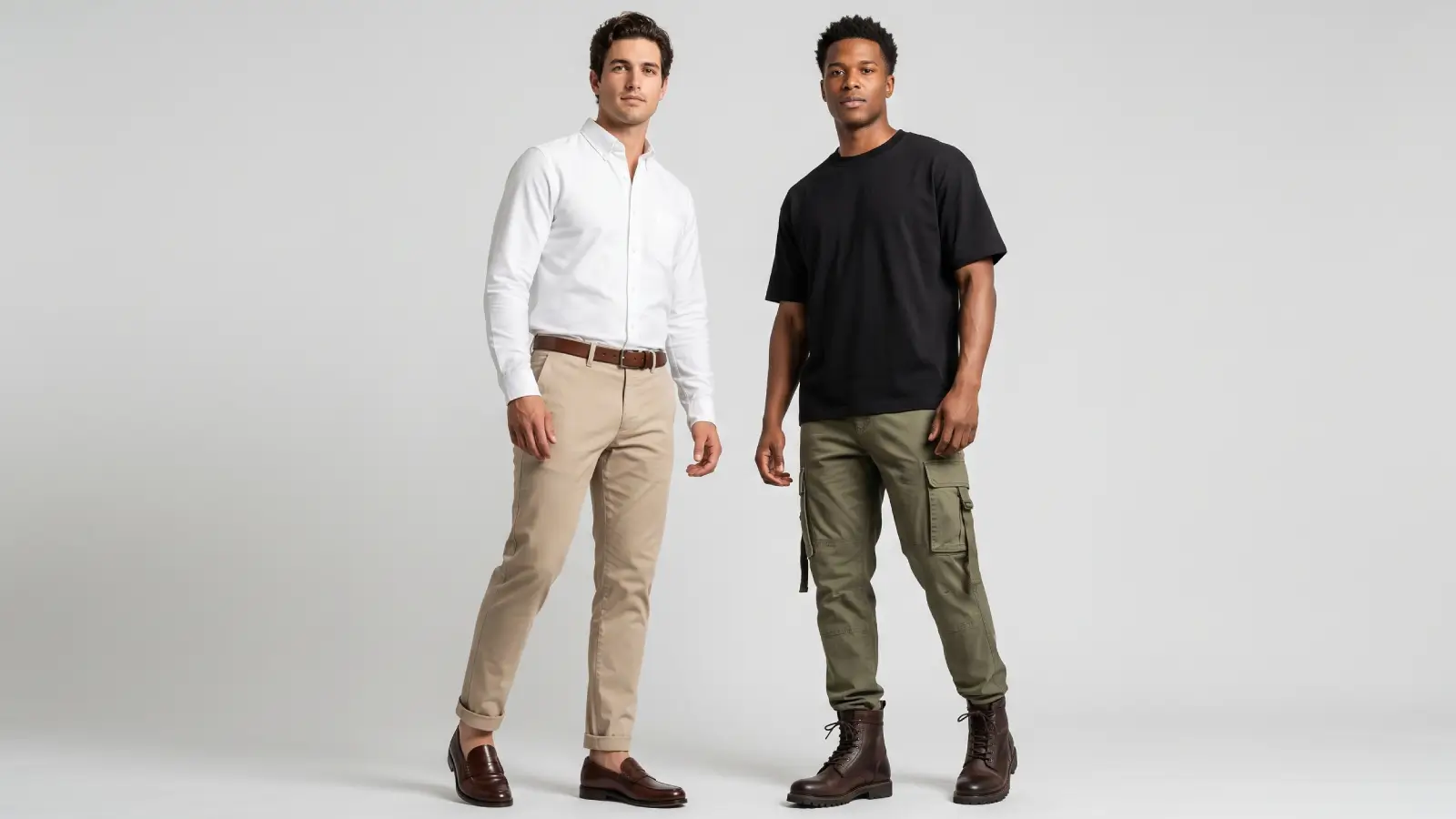 Two male models wearing chinos and cargo pants side by side, comparing the two pant styles