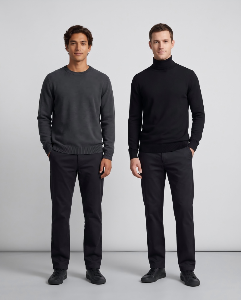 Side-by-side full-body shot of two male models wearing a crewneck and a turtleneck sweater