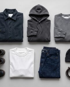 Flat-lay of deep-fall essentials — heavyweight tees, fleece hoodie, work jacket, and straight-leg pants