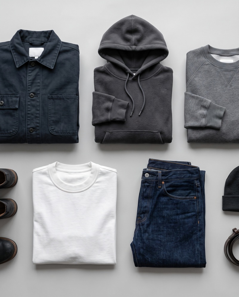 Flat-lay of deep-fall essentials — heavyweight tees, fleece hoodie, work jacket, and straight-leg pants