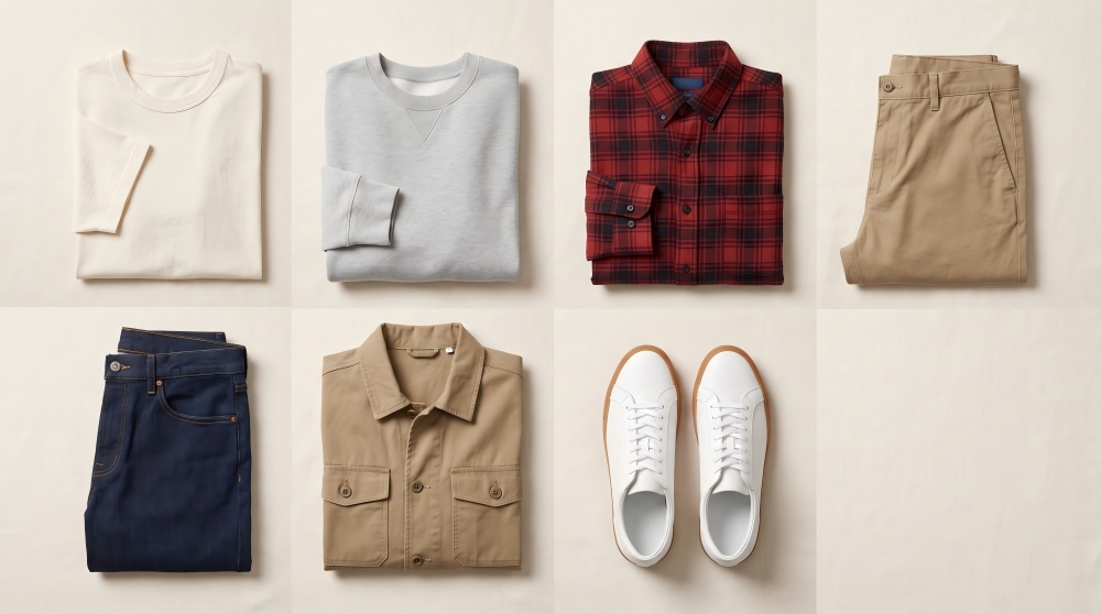 Flat-lay of a men's fall capsule wardrobe with seven pieces — tee, sweatshirt, flannel, chinos, denim, utility jacket, white sneakers