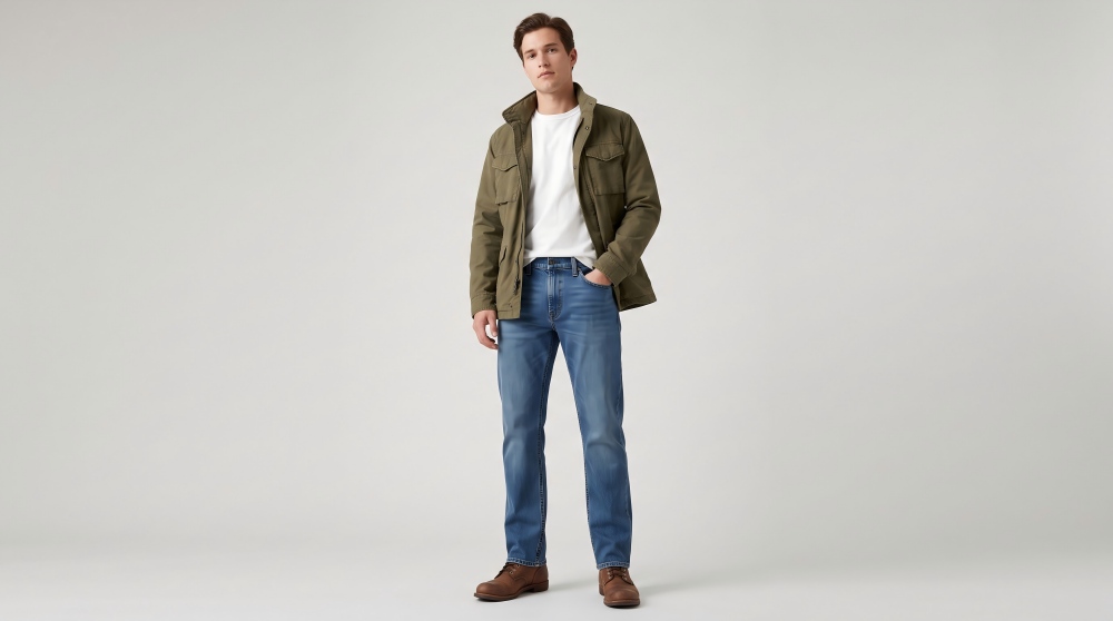 Full-body shot of a male model in straight-leg jeans, a heavyweight tee, and a utility jacket, fall outfit formula