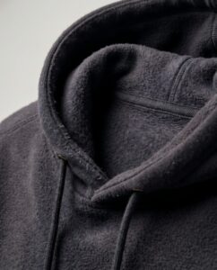 Close-up macro of a fleece hoodie interior and collar, showing the insulating fabric