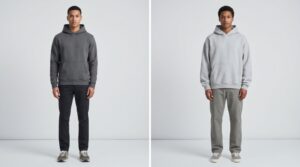 Two men side by side wearing regular-fit and relaxed-fit hoodies, showing the silhouette difference.