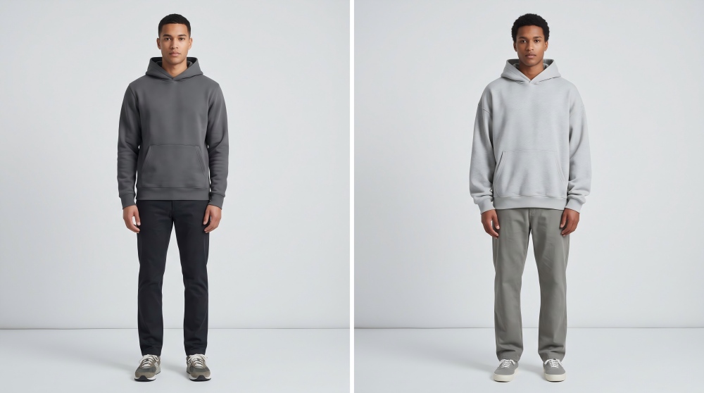 Two men side by side wearing regular-fit and relaxed-fit hoodies, showing the silhouette difference.