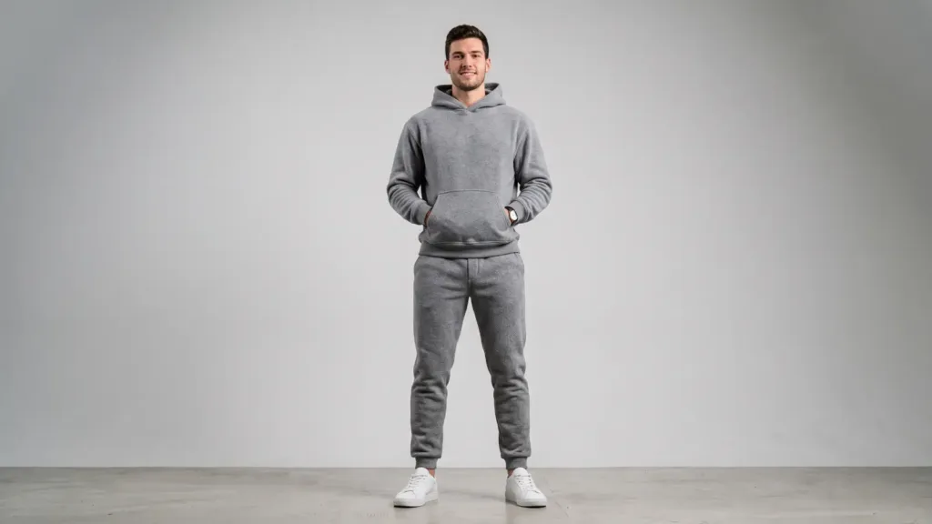 Full-body shot of a male model wearing a matching gray hoodie and jogger set, athleisure look