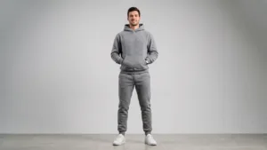 Full-body shot of a male model wearing a matching gray hoodie and jogger set, athleisure look