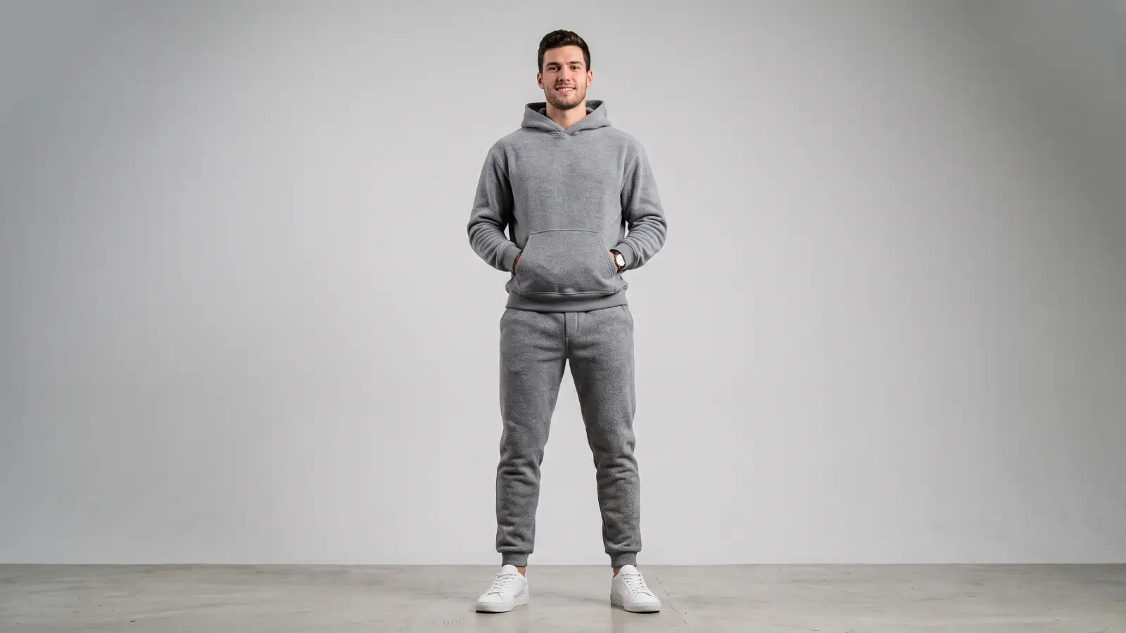Full-body shot of a male model wearing a matching gray hoodie and jogger set, athleisure look