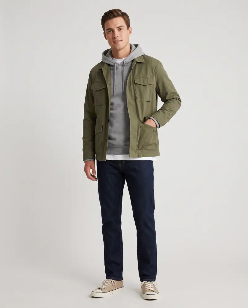 Male model showing three-layer hoodie outfit with white tee, gray hoodie, and utility jacket, layered collar and hem visible