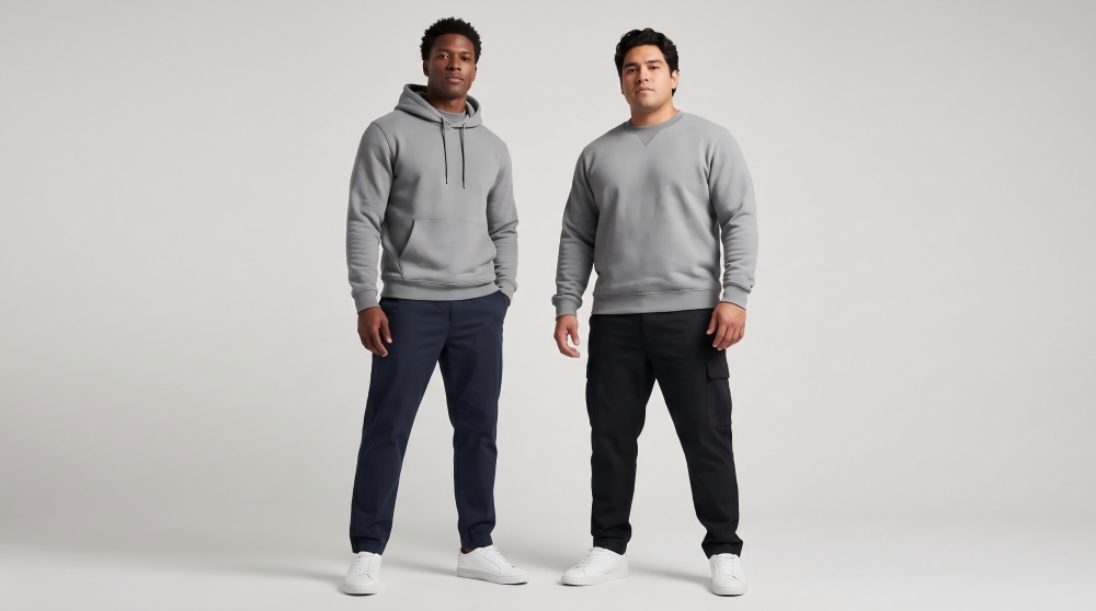 Two male models wearing a hoodie and a crewneck sweatshirt side by side, comparing silhouettes and styles
