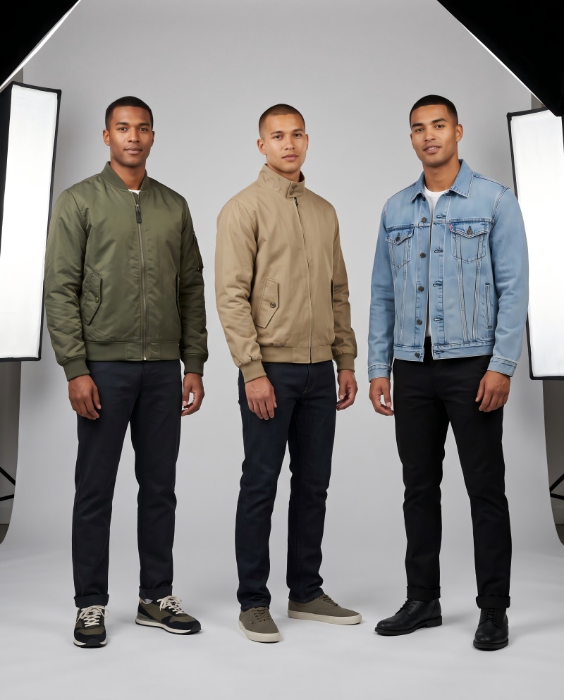 Side-by-side full-body shot of three male models wearing an MA-1 bomber, a Harrington, and a denim jacket