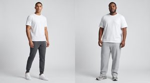 Two male models wearing cuffed joggers and loose sweatpants side by side, comparing the two pant styles