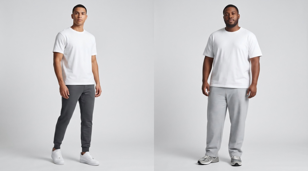 Two male models wearing cuffed joggers and loose sweatpants side by side, comparing the two pant styles