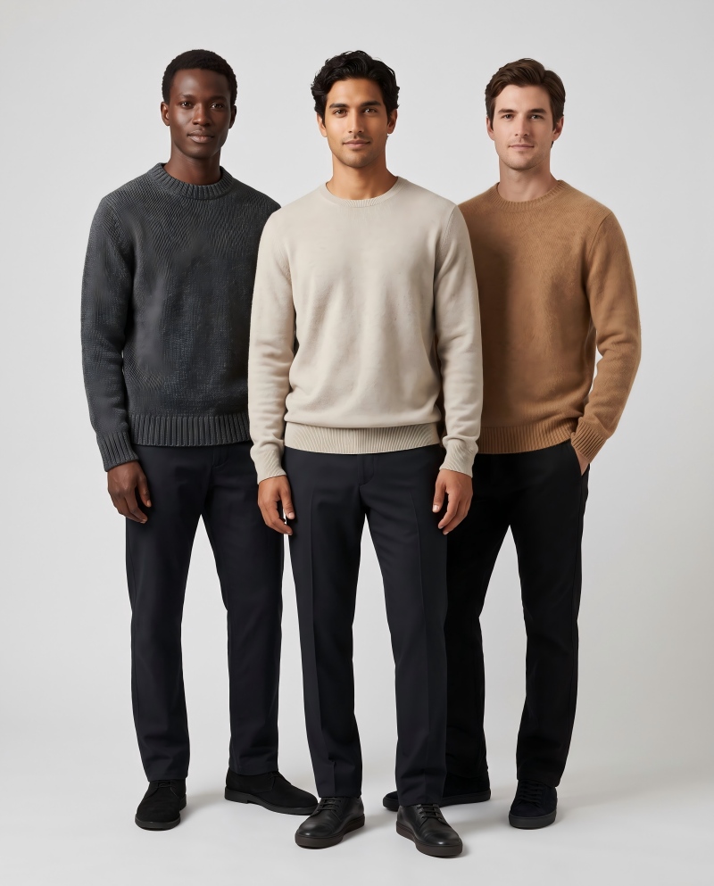 Side-by-side full-body shot of three male models wearing wool, cashmere, and blend knitwear
