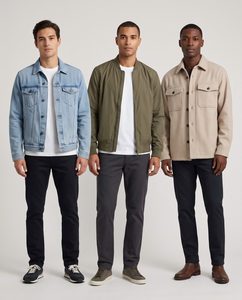 Side-by-side full-body shot of three male models wearing a denim jacket, a bomber jacket, and a shacket