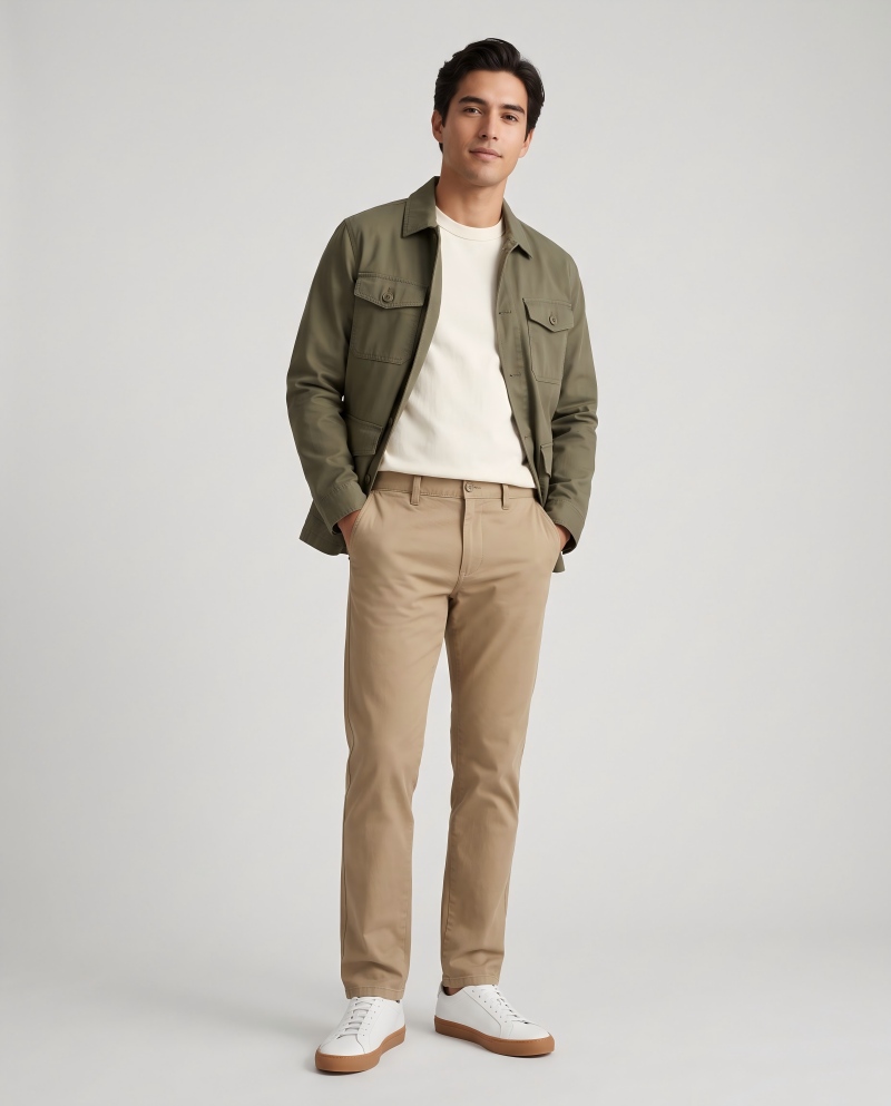 Male model in an office look — tee with chinos and a utility jacket, showing the capsule wardrobe's commuter combo