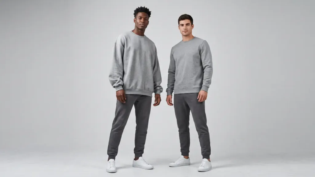 Two male models wearing oversized and regular-fit sweatshirts side by side, comparing the two silhouettes