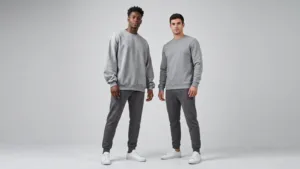 Two male models wearing oversized and regular-fit sweatshirts side by side, comparing the two silhouettes