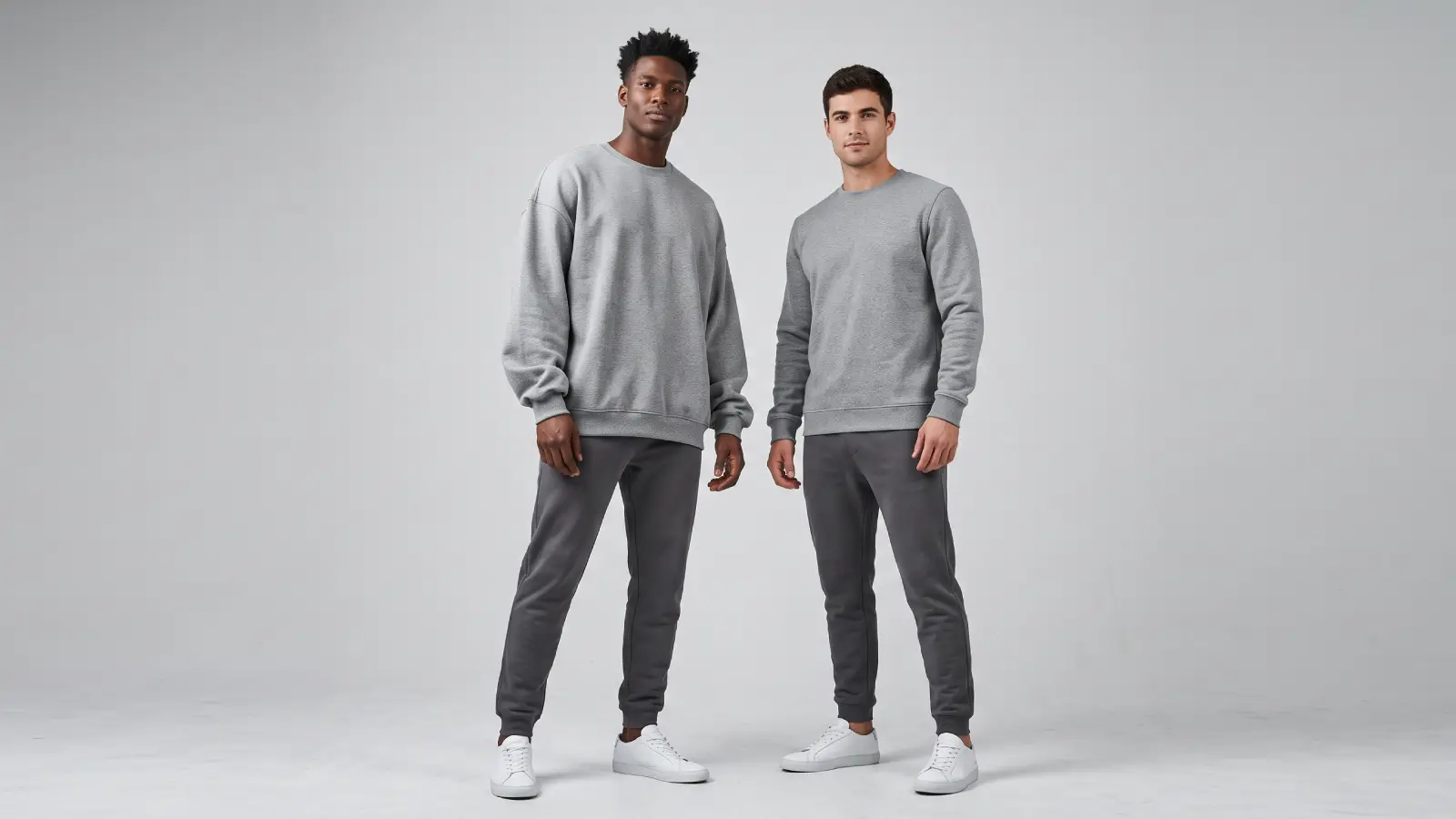 Two male models wearing oversized and regular-fit sweatshirts side by side, comparing the two silhouettes