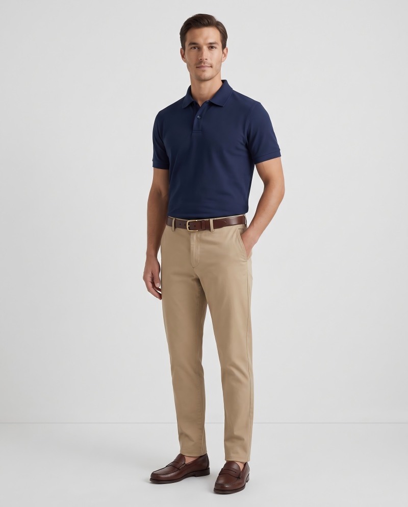 Full-body shot of a man in a dark polo tucked into khaki chinos with a belt, styled for a smart-casual office look.