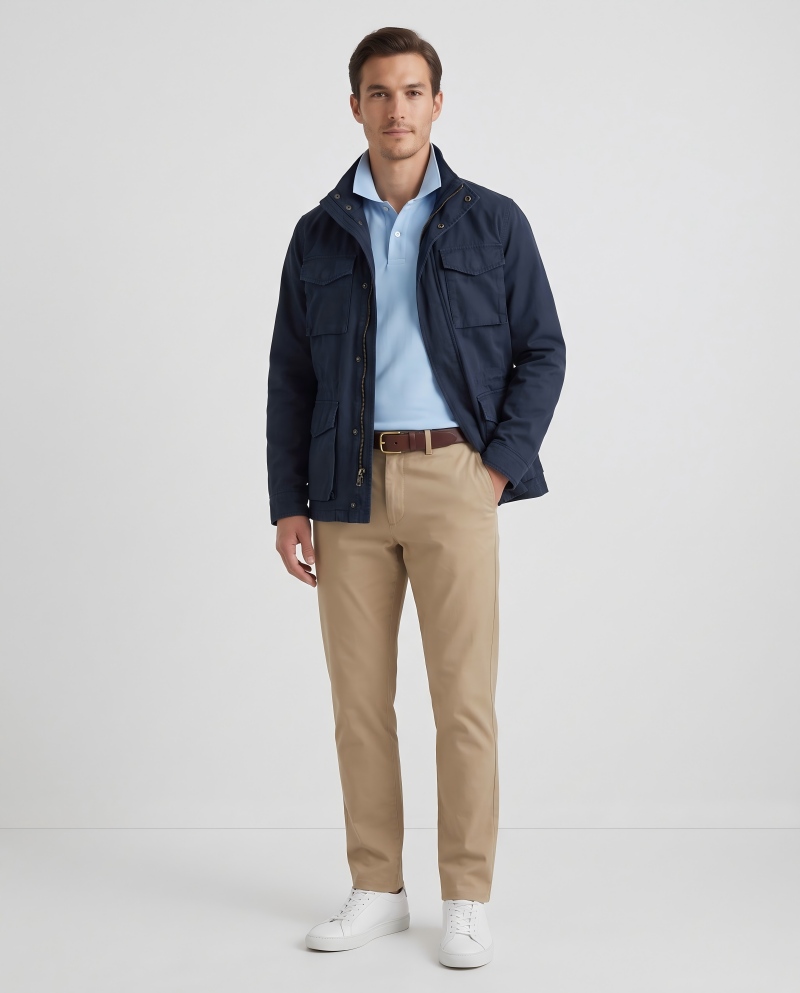 Man wearing a polo shirt under an open utility jacket, collar peeking out to show clean layering.