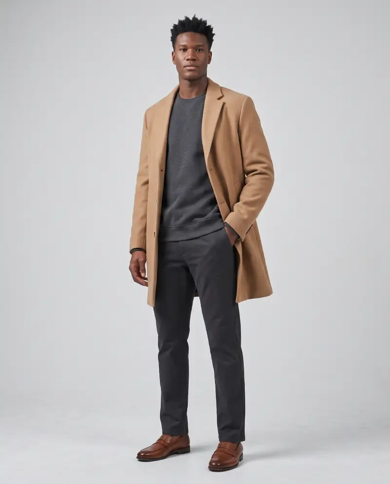 Full-body shot of a male model wearing a regular-fit sweatshirt layered under an overcoat with chinos, clean commuter look